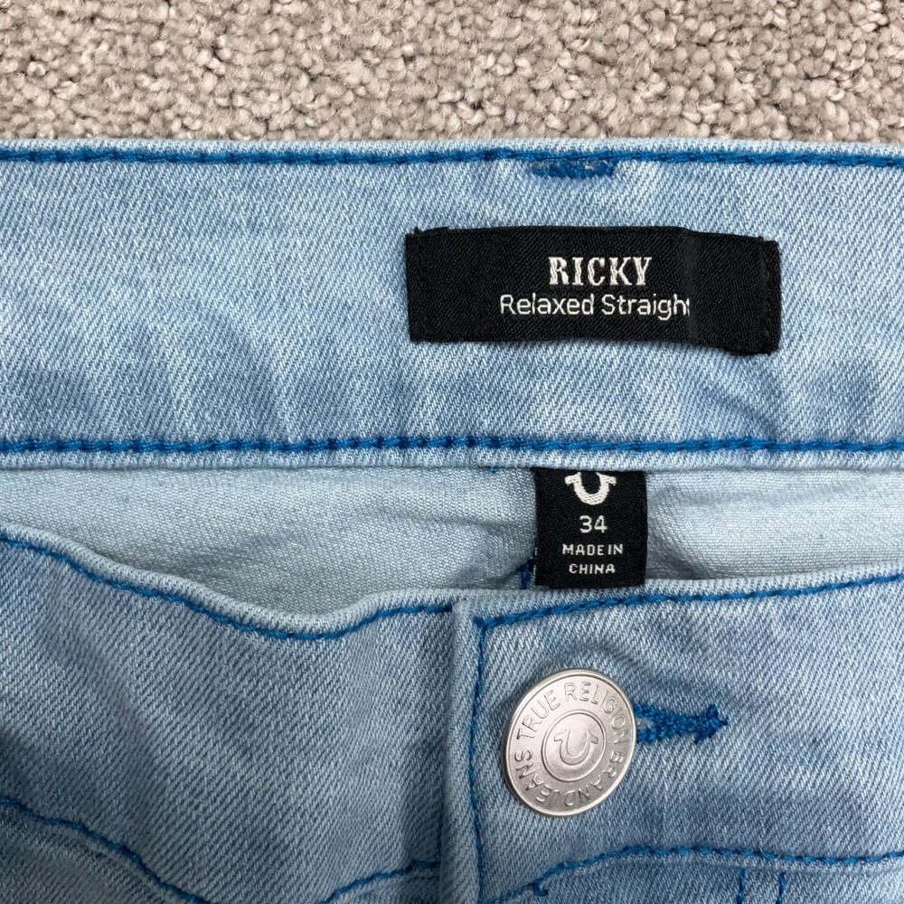 True Religion Ricky Jeans Mens 34 Blue Fade Relaxed Straight Flap Pocket Denim - Picture 4 of 12